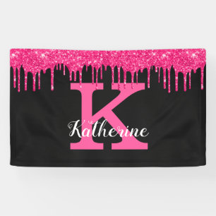Girly Black Hot Pink Glitter Drift Monogram Spandoek