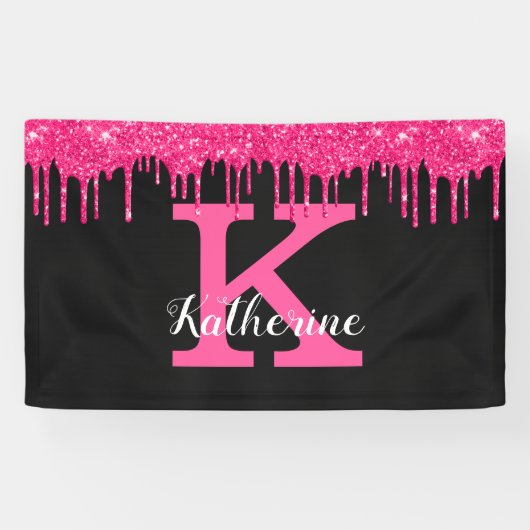 Girly Black Hot Pink Glitter Drift Monogram Spandoek (Horizontaal)