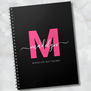 Girly Black Hot Pink Initiaal Monogram Naam Notitieboek