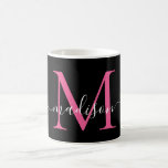 Girly Black Hot Pink Monogram Elegant Script Koffiemok<br><div class="desc">Elegante zwarte hete magenta roze monogram girly script stijlvolle koffie Mok</div>