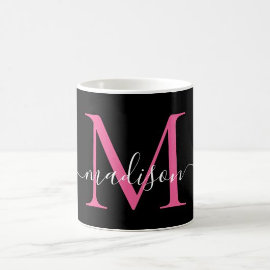 Girly Black Hot Pink Monogram Elegant Script Koffiemok (Center)