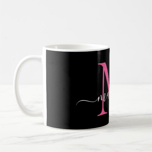 Girly Black Hot Pink Monogram Elegant Script Koffiemok (Links)