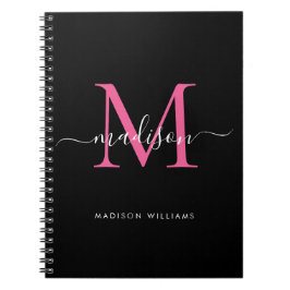 Girly Black Hot Pink Monogram Script Name Initiaal Notitieboek