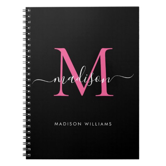 Girly Black Hot Pink Monogram Script Name Initiaal Notitieboek (Voorkant)