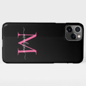 Girly Black Hot Pink Monogram Vrouwelijk Script Na iPhone Hoesje (Achterkant horizontaal)