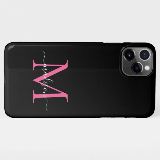 Girly Black Hot Pink Monogram Vrouwelijk Script Na iPhone Hoesje (Achterkant horizontaal)