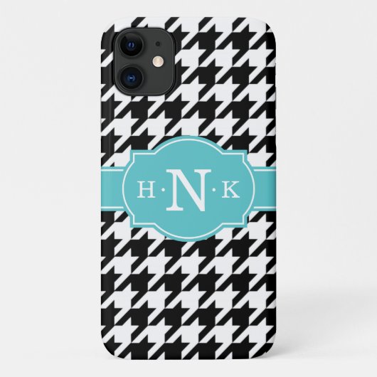 Girly Black Houndstooth Blue Monogram Case-Mate iPhone Case (Achterkant)