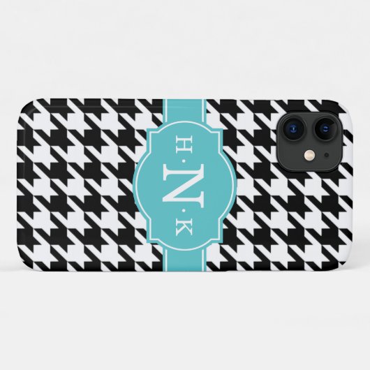 Girly Black Houndstooth Blue Monogram Case-Mate iPhone Case (Achterkant (horizontaal))