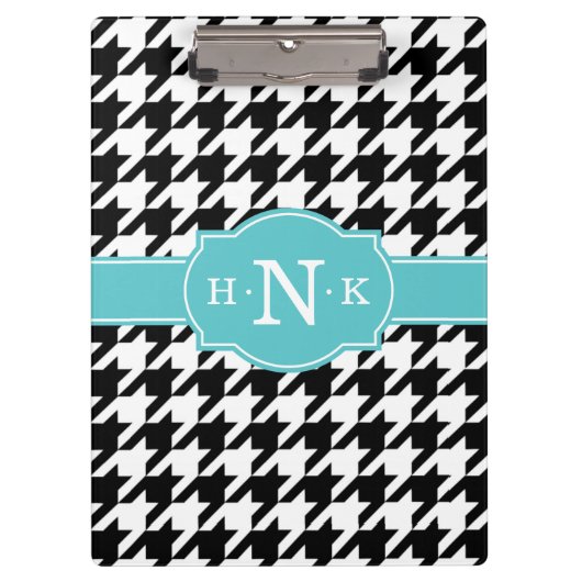 Girly Black Houndstooth Blue Monogram Klembord (Voorkant)