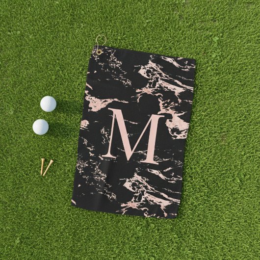 Girly Black Marble Roos Gold Foil Monogram Golfhanddoek