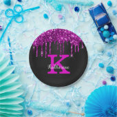 Girly Black Neon Plum Glitter Drieogramnaam Papieren Bordje (Feest)