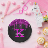 Girly Black Neon Plum Glitter Drieogramnaam Papieren Bordje (Feest)