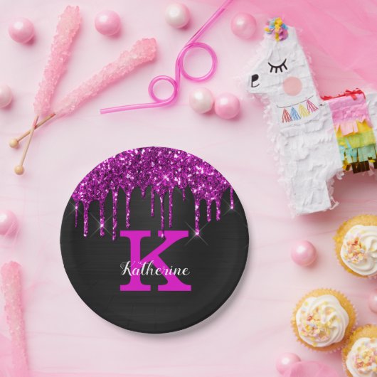 Girly Black Neon Plum Glitter Drieogramnaam Papieren Bordje (Feest)