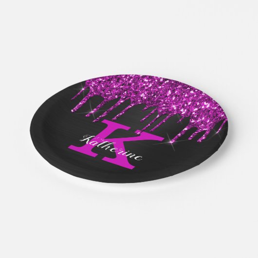 Girly Black Neon Plum Glitter Drieogramnaam Papieren Bordje (Gekanteld)