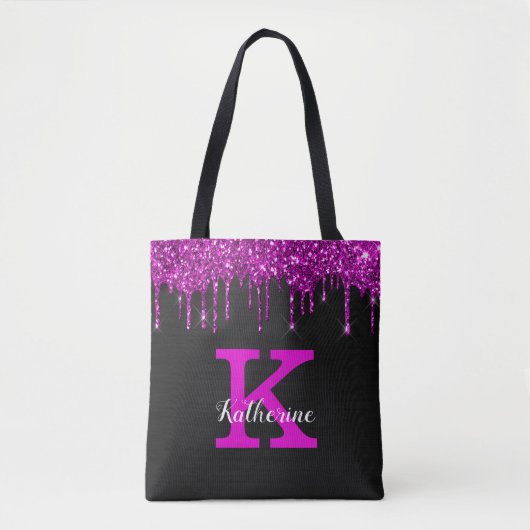 Girly Black Neon Plum Glitter Drieogramnaam Tote Bag (Voorkant)