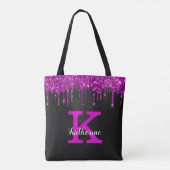 Girly Black Neon Plum Glitter Drieogramnaam Tote Bag (Achterkant)