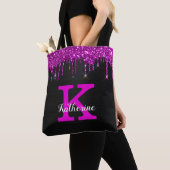 Girly Black Neon Plum Glitter Drieogramnaam Tote Bag (Dichtbij)