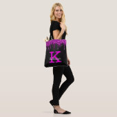 Girly Black Neon Plum Glitter Drieogramnaam Tote Bag (Op model)