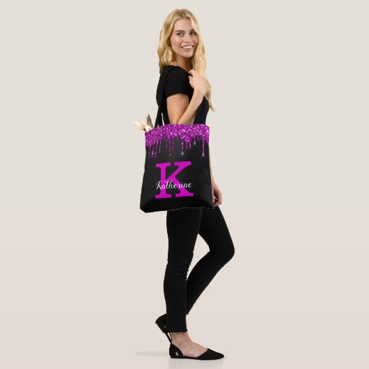 Girly Black Neon Plum Glitter Drieogramnaam Tote Bag (Op model)