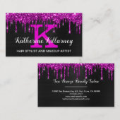 Girly Black Neon Plum Glitter Drift Chic Monogram Visitekaartje (Voorkant / Achterkant)