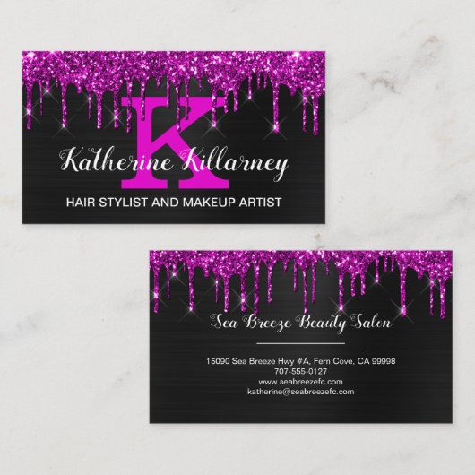 Girly Black Neon Plum Glitter Drift Chic Monogram Visitekaartje (Voorkant / Achterkant)