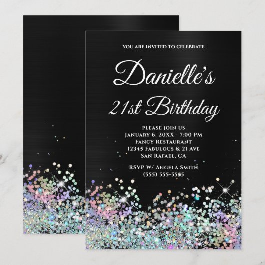 Girly Black Ombre Holo Glitter 21st Birthday Kaart (Voorkant / Achterkant)