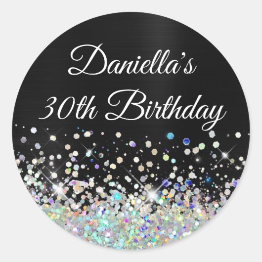 Girly Black Ombre Holo Glitter 30th Birthday Ronde Sticker (Voorkant)