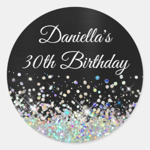 Girly Black Ombre Holo Glitter 30th Birthday Ronde Sticker