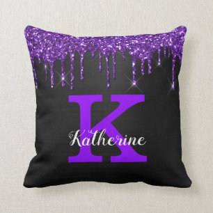 Girly Black Paars Glitter Drift Monogram Naam Kussen