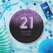 Girly Black & Paars Glitter Sparkle 21 Birthday Papieren Bordje (Feest)