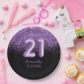 Girly Black & Paars Glitter Sparkle 21 Birthday Papieren Bordje (Feest)