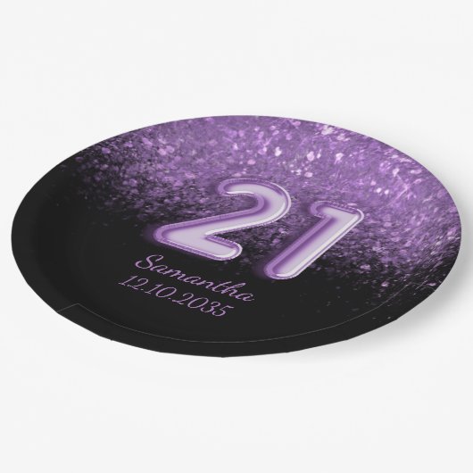Girly Black & Paars Glitter Sparkle 21 Birthday Papieren Bordje (Gekanteld)