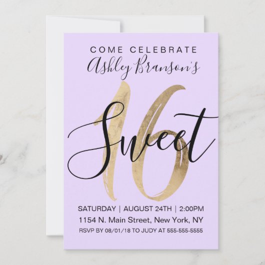 Girly Black Paars Gold Foil Sweet 16 Kaart (Voorkant)