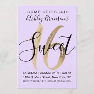 Girly Black Paars Gold Foil Sweet 16 Kaart
