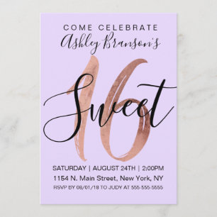 Girly Black Paars Roos Gold Foil Sweet 16 Kaart
