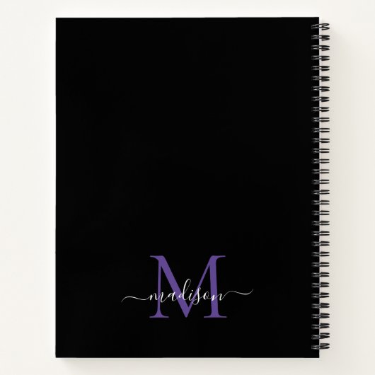 Girly Black Paarse Violet Monogram Script Naam Notitieboek (Achterkant)