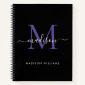 Girly Black Paarse Violet Monogram Script Naam Notitieboek (Voorkant)