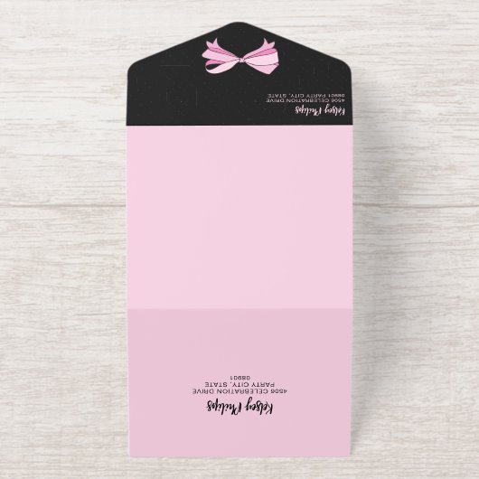 Girly Black Pink Gold Bow Sweet 16 All In One Uitnodiging (Buiten)