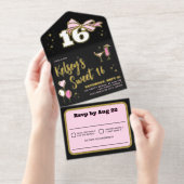 Girly Black Pink Gold Bow Sweet 16 All In One Uitnodiging (Uittrekbaar)