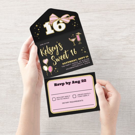Girly Black Pink Gold Bow Sweet 16 All In One Uitnodiging (Uittrekbaar)