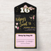 Girly Black Pink Gold Bow Sweet 16 All In One Uitnodiging (Binnenkant)