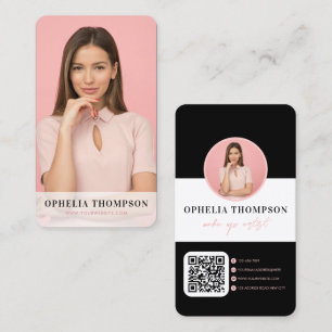 Girly Black Pink Typography Script QR-code Visitekaartje