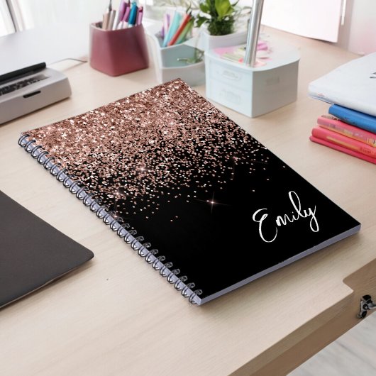Girly Black Roos Gold Blush Pink Glitter Monogram Notitieboek