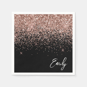 Girly Black Roos Gold Blush Pink Glitter Monogram Servet