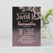 Girly Black Roos Gold Glitter Floral Sweet 16 Kaart (Staand voorkant)