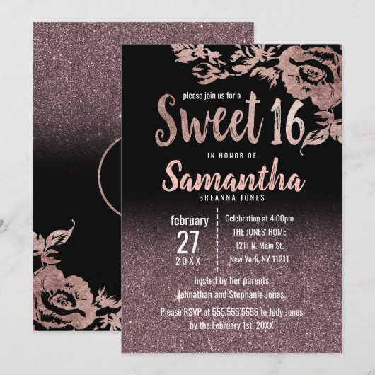 Girly Black Roos Gold Glitter Floral Sweet 16 Kaart (Voorkant / Achterkant)