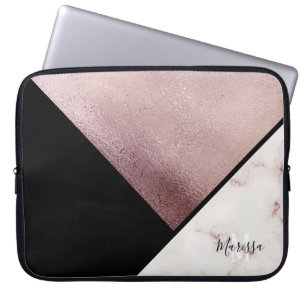 Girly Black & Roos Gold Marble Abstract monogram Laptop Sleeve