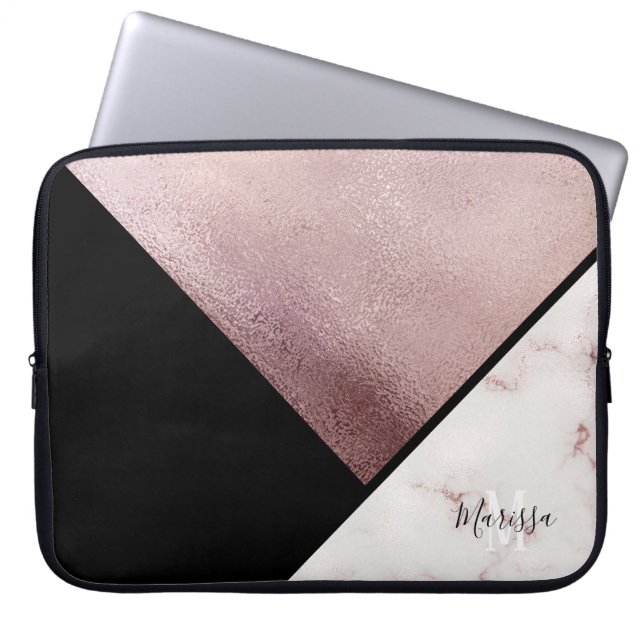 Girly Black & Roos Gold Marble Abstract monogram Laptop Sleeve (Voorkant)