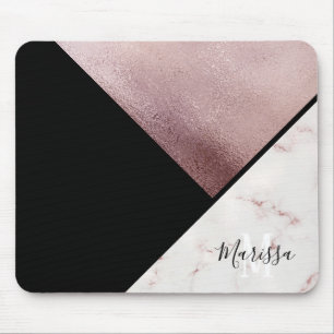 Girly Black & Roos Gold Marble Abstract monogram Muismat