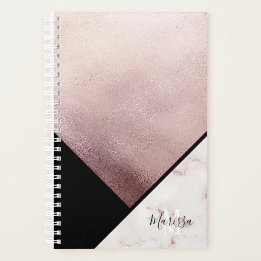 Girly Black & Roos Gold Marble Abstract monogram Planner (Voorkant)